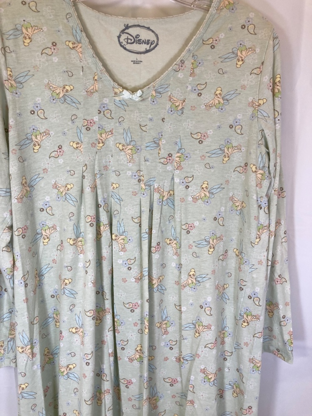 Disney Tinkerbell Pajama Gown Sz L 12/14 green Long Sleeve V Neck - Picture 8 of 13
